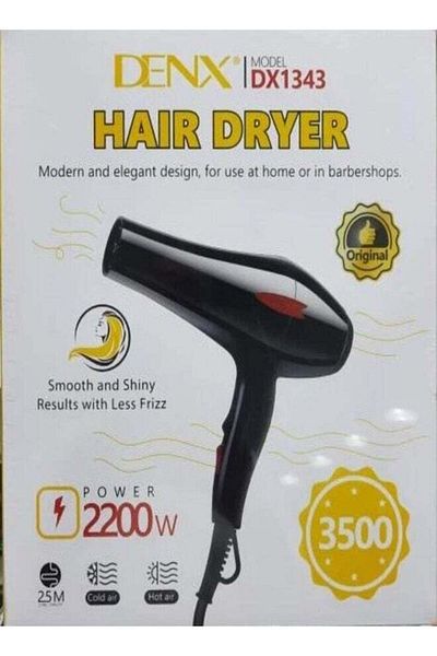 Denx مجفف شعر بسرعتين 2200 واط هواء بارد/ساخن أسود