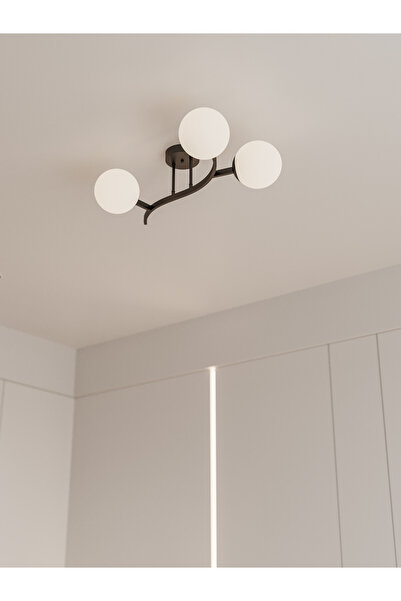 avizade Noria Modern Siyah Metal Gövdeli 3’lü Beyaz Cam Küre Avize | Kavisli Tavan Aydınlatma Avize Modeli