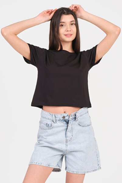 As Collection أسود طاقم الرقبة قصيرة الأكمام محبوك المرأة المحاصيل