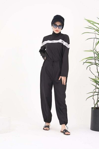 NS Tasarım Tesettür Mayo Floria White Hijab Parachute Fabric Jumpsuit - Striped Swimsuit