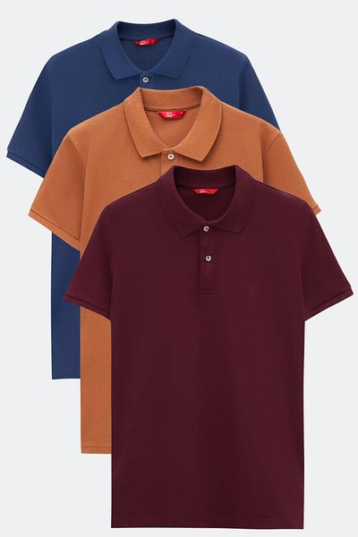 D'S Damat Ds Damat Regular Fit Plum/Indigo/Tobacco Pique Textured 100% Cotton Polo Neck T-Shirt
