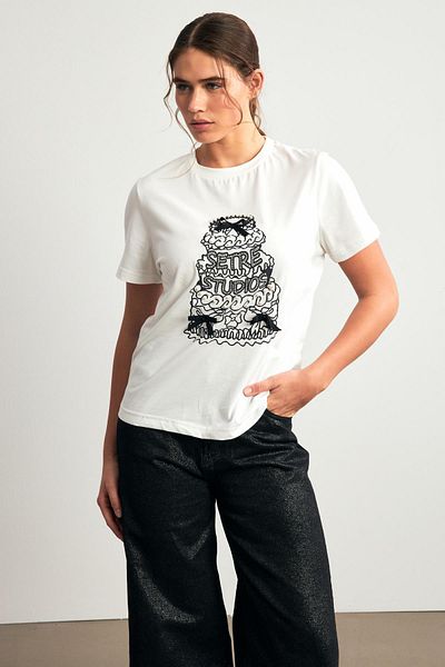 Setre Tricou cu mânecă scurtă din bumbac ecru - cu perle și fundă