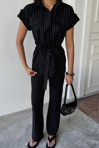 nedo7 Striped Polyviscos Blazer - Pants Suit - Black