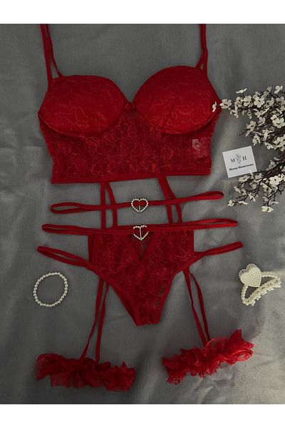 MH Moony Homewears İstin Red Stone Detailed Garter Set