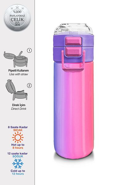 Coral High Kids Girl Patterned Straw and Direct Drinking Steel Thermos 500 ml