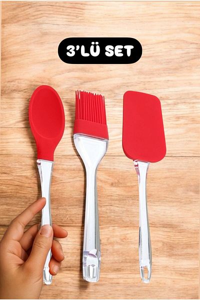 Bayev Red 3 Piece Silicone Set Red Cooking Kitchen Set Spoon Egg Brush Spatula Set