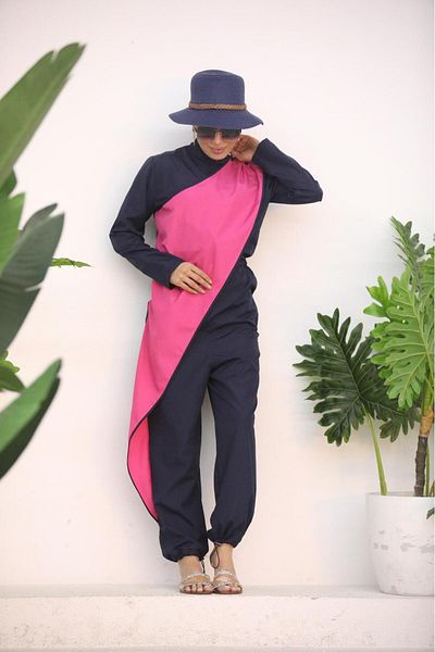NS TASARIM MAYO Ocean Pink Striped Navy Blue Design Hijab Jumpsuit Swimsuit