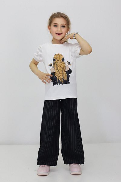 RAPİDO LİFE Girl's Summer Printed Short Sleeve T-Shirt Striped Pattern Belted Pants Two Piece Set