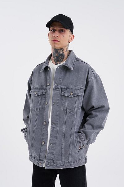 Machinist Oversize Pocket Washed Denim Jacket Effect Gray