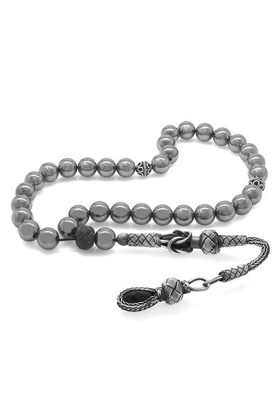 Tesbihane 1000 Sterling Silver Kazaz Tasseled Globe Cut Terahertz Natural Stone Rosary
