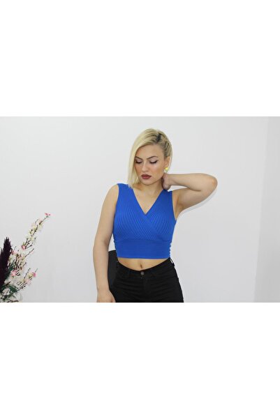 As Collection بلوزة نسائية تريكو مزدوجة الصدر بحزام سميك أزرق