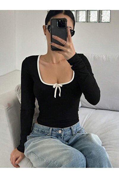 MOONBULL Women's Square Neck Front Tie Detail Ribbed Stretch Fabric Long Sleeve Blouse