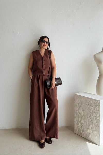 ELVAN TOLON Brown raw linen vest pants set