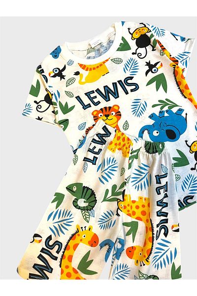 ALİŞ KİDS Boys' Cotton White Safari Lion Patterned Short Sleeve Shorts Summer Pajama Set