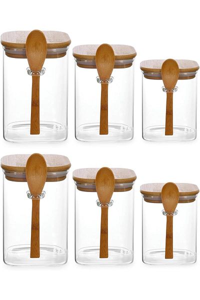 Generic Bisbell Glass Food Storage Jars Containers With Wooden Spoon,6Pcs Set,400ml,550ml,750ml