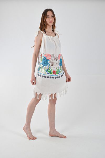 REİNA TEKS Beachwear Peshtemal Turtle Patterned Cotton Viscon Lacing Detailed Beach Dress 1 Piece Pareo