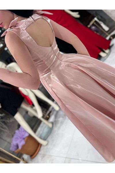 missswans Lilit Strap Bow Detailed Low Back Midi Length Shiny Evening Dress Powder
