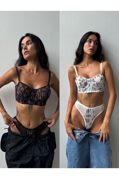 Cansoy 2-комплектний бюстгальтер без чашок з квітковим візерунком, чорний-екрю (693TK)