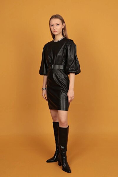 TakıDolabı Rochie din piele cu mâneci cu balon și curea