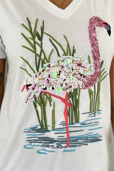 FEMELLE Tricou alb pentru femei, cu decolteu în V, cu paiete și broderie, brodat, 100% bumbac