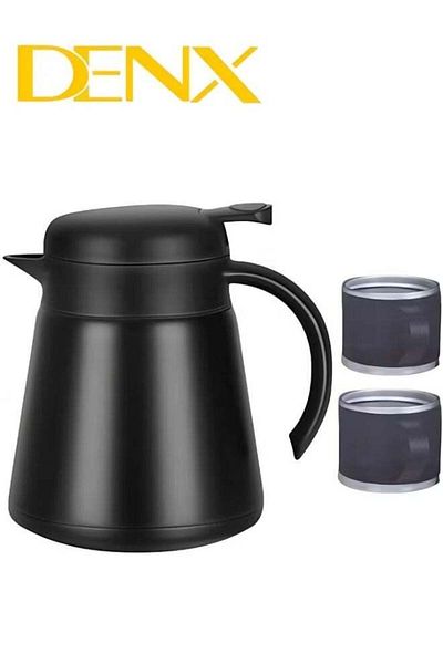 Denx Insulated Coffee and Tea Thermos with 880ml Capacity, Includes Two Additional Serving Cups, Black