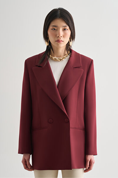 Mizalle Oversize Çift Yırtmaçlı Bordo Blazer Ceket