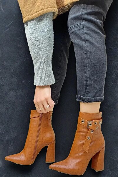 PayBuy Kadın Kare Topuklu Kısa Bot Kroko Desenli Fermuarlı Yumuşak Taban Şık Günlük Ayakkabı