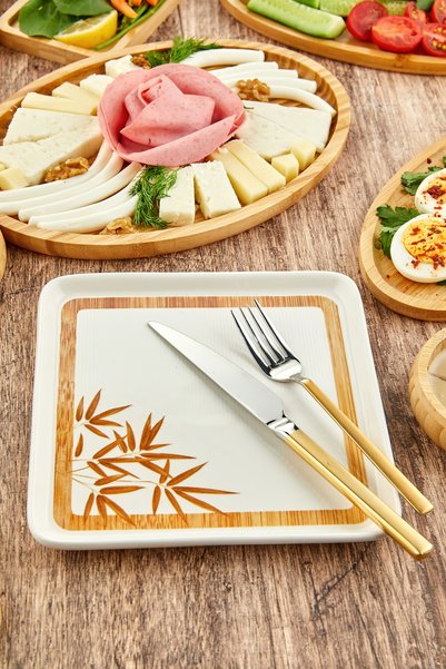 Genel Markalar 23 Parça 6 Kişilik Seramik & Bambu Kahvaltı ve Yemek Takımı, Bambu Sofra Seti,Hediyelik Kahvaltı Takımı