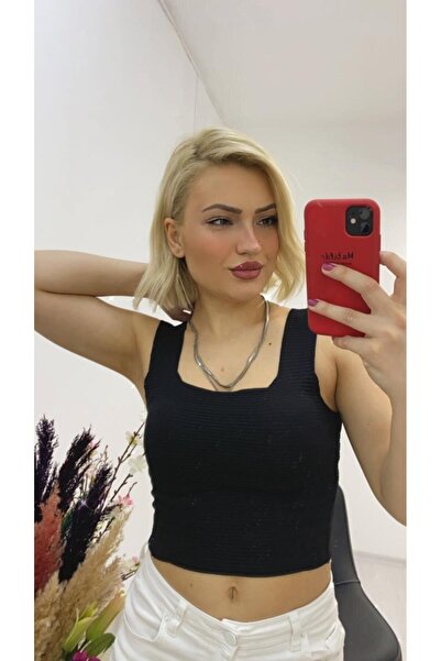 As Collection Μαύρη γυναικεία μπλούζα με τετράγωνο λαιμό με χοντρό λουράκι