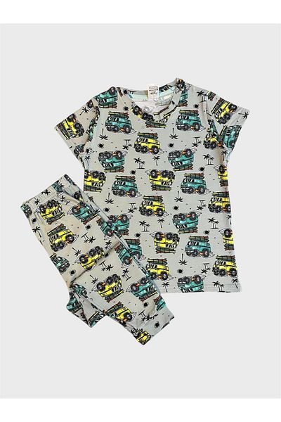 tusem butik homewear Boys' 100% Cotton Gray Car Patterned Short Sleeve Six Long Summer Pajama Set