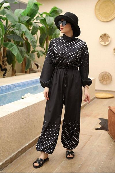 NS TASARIM MAYO Polka Dot Pattern Design Hijab Parachute Fabric Jumpsuit Swimsuit