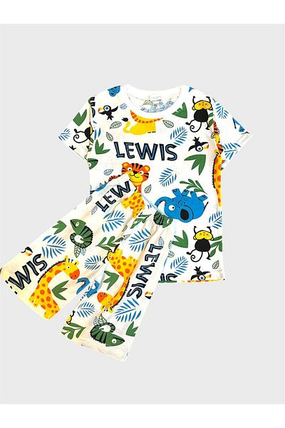 ALİŞ KİDS Boys' Cotton White Safari Lion Patterned Short Sleeve Shorts Summer Pajama Set