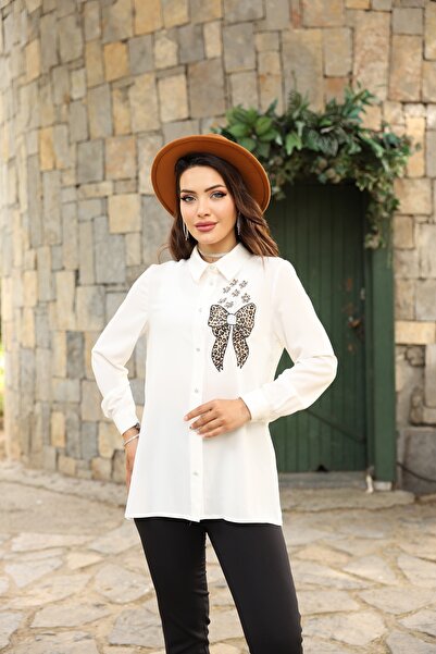 ZAHRA ELVİN ÖNÜ TAŞ BASKILI LEOPAR DETAYLI GÖMLEK