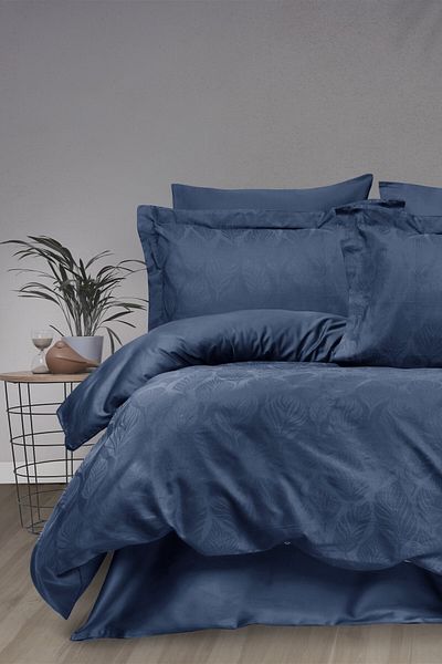 Sevim Double Jacquard Duvet Cover Set - Cotton Satin Leaf Patterned Duvet Cover Set -Aura Indigo