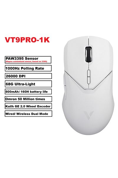 Choice ماوس الألعاب اللاسلكي Vt9pro Paw3398 من رابو، أبيض، بدقة 26000 نقطة في البوصة، ووزن 68 جرام، خفيف الوزن، سلكي، لاسلكي