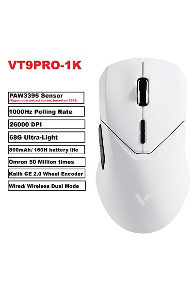 Choice ماوس الألعاب اللاسلكي Vt9pro 1k Blackwhite Rapoo Vt9pro Paw3398، 26000 نقطة في البوصة، 68 جرام، خفيف الوزن، سلكي