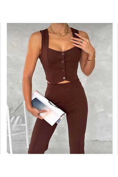 Selital Women's Solid Brown Bottom Top Vest Pants Two Piece Set