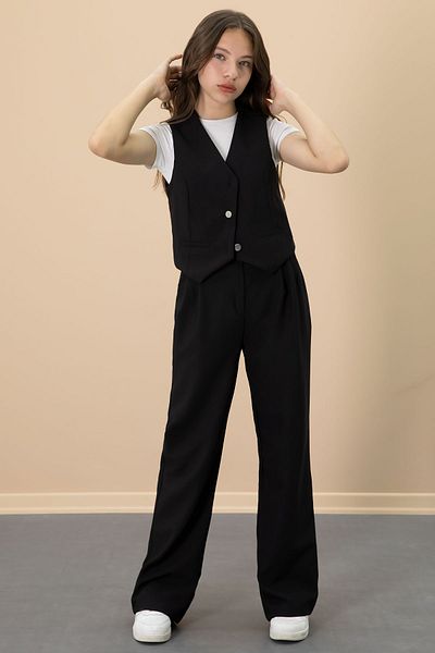 Cansın Mini Black V-Neck Buttoned Vest and Wide-Leg Pants for Girls 2-Piece Set 20723