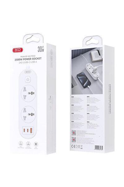 REDz Accessories XO-WL31 EU Extension Cord, 3 Sockets, 2 Type-C and USB Ports, 2500W, 1.5M Cable, White