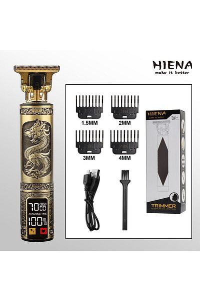 REDz Accessories Professional Hair Clipper, Smart LED Display, T9 with 4 Combs, Extended Runtime, Dragon Motif, Gold