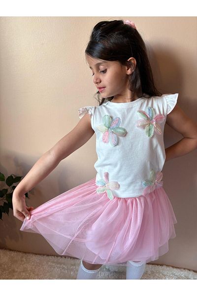 chacharon Girl's T-Shirt Flower Applique Lined Tulle Skirt Set