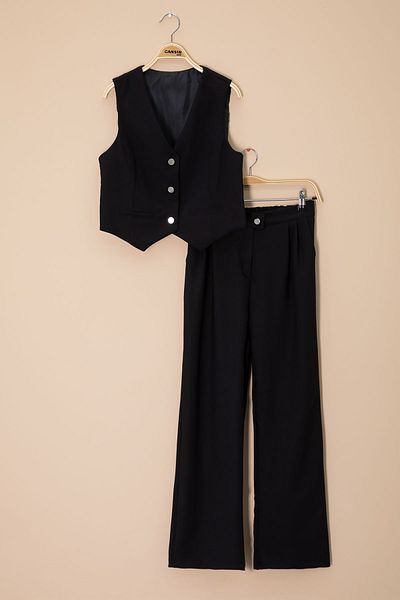 Cansın Mini Black V-Neck Buttoned Vest and Wide-Leg Pants for Girls 2-Piece Set 20723