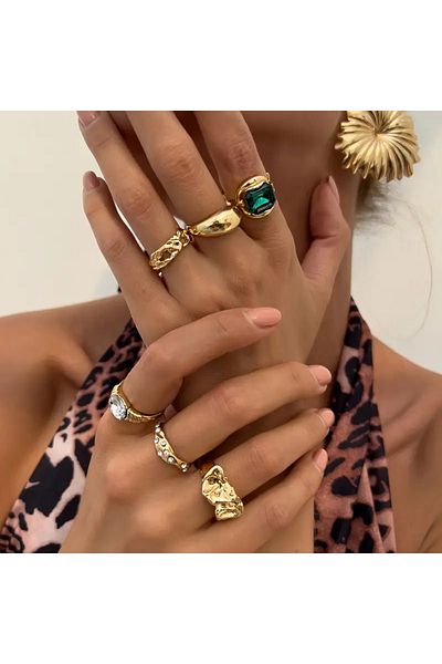 Takıtolia Lume - 6 Pieces Green Crystal Stone Retro Design Multiple Adjustable Gold Gold Ring Set