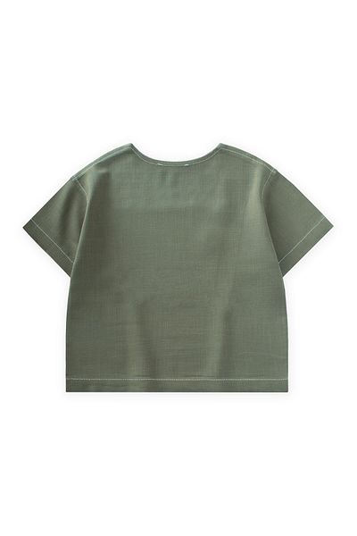 Cigit Contrast Stitched Linen Blouse 2-7 Years Khaki Green