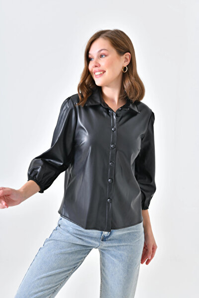 Lujiz Kadın Deri Gömlek Kol Ucu Lastikli Düğmeli Cepsiz Deri Gömlek Haki - 10059