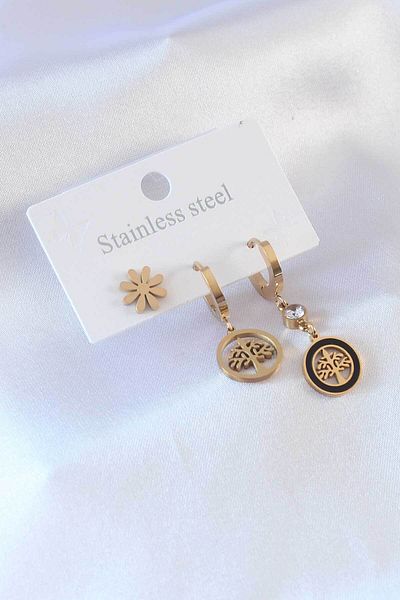 Skygo 316L Steel Gold Color Tree Model Flower Detail Zircon Stone Women's Earrings - Tj-Bkp7348