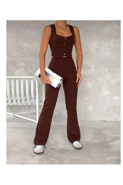 Selital Women's Solid Brown Bottom Top Vest Pants Two Piece Set