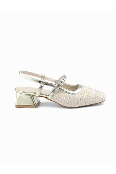 MAGGIO Beige and Gold Color Tweed Fabric Blunt Toe Casual Women's Heeled Ballerina Shoes