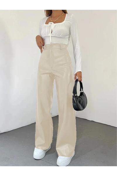 TakıDolabı Pantaloni din piele artificială cremă pentru femei Shai – pentru c...