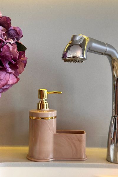 Makri Stylish Gold Color Detailed Liquid Soap Dispenser with Sponge Holder for Kitchen or Bathroom, Domestic Production